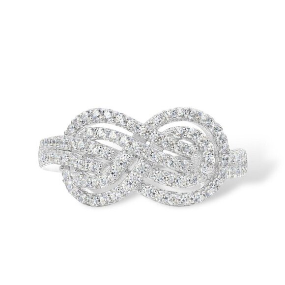 NEW 14K White Gold Plated Cubic Zirconia Pave Infinity Knot Ring Sz. 8 - Picture 3 of 11